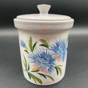 Floral Canister w/lid Hand Painted Signed 1494/222 Italy Pink & Blue Flowers 7"